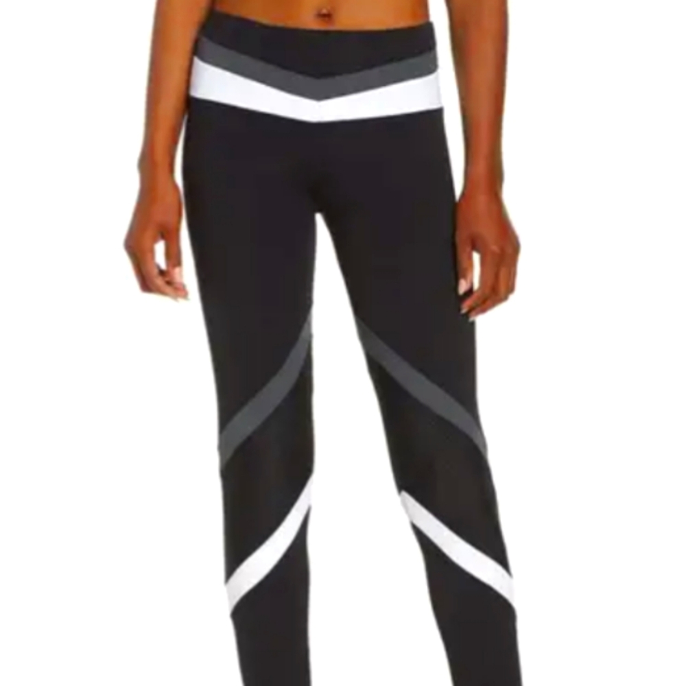 Tri Colour Blocked Legging (Medium Compression) - Black White Grey